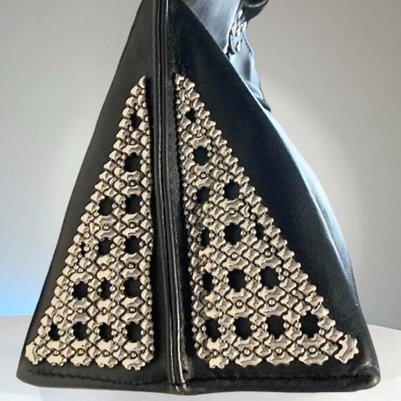 Sergio Gutierrez SG Liquid Metal Black Leather Tote Bag Italy Silver Mesh Chic - Picture 4 of 13